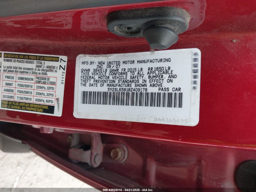 2008 Pontiac Vibe VIN: 5Y2SL65818Z409178 Lot: 42025318