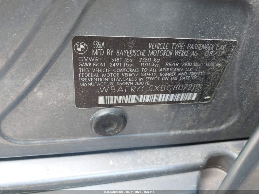 2011 BMW 535I VIN: WBAFR7C5XBC807219 Lot: 42025326