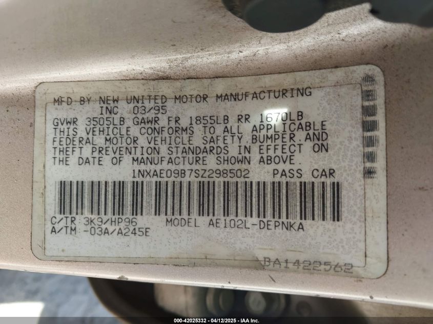 1995 Toyota Corolla Le/Dx VIN: 1NXAE09B7SZ298502 Lot: 42025332