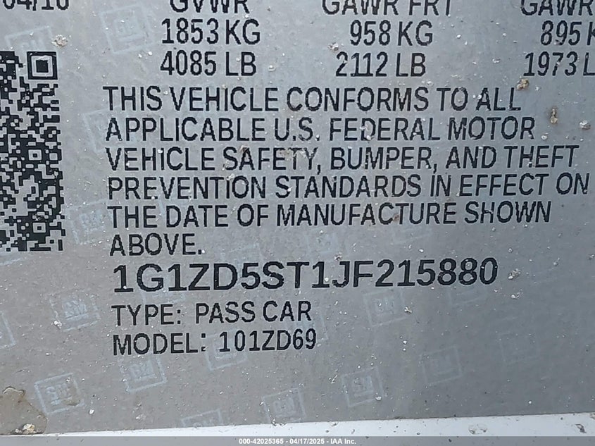 2018 CHEVROLET MALIBU VIN: 1G1ZD5ST1JF215880