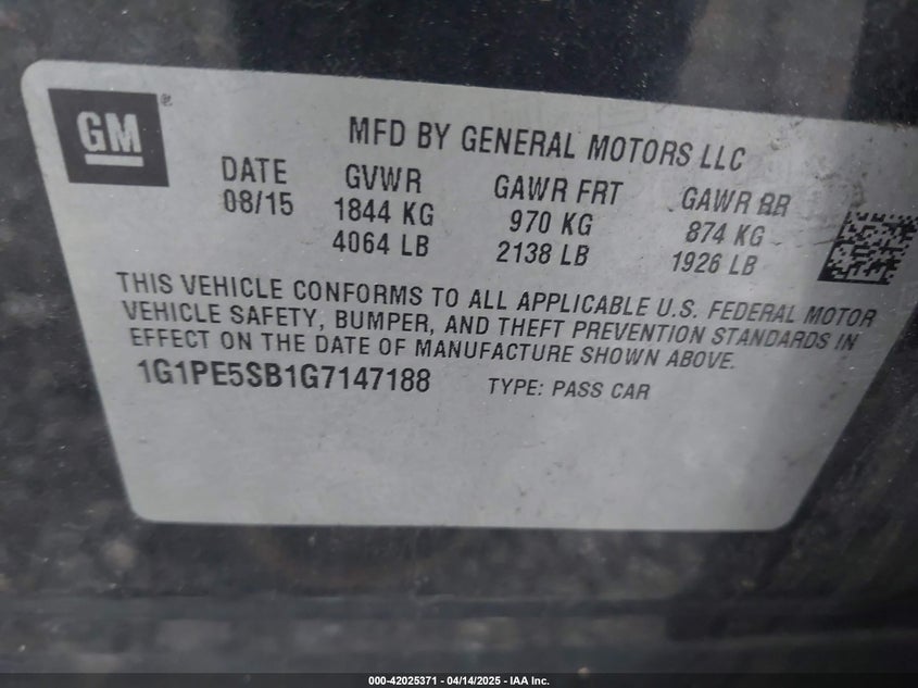 2016 CHEVROLET CRUZE LIMITED VIN: 1G1PE5SB1G7147188