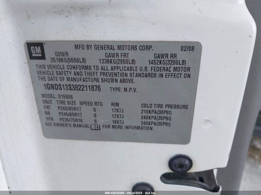 2008 Chevrolet Trailblazer Fleet VIN: 1GNDS13S382211876 Lot: 42025380