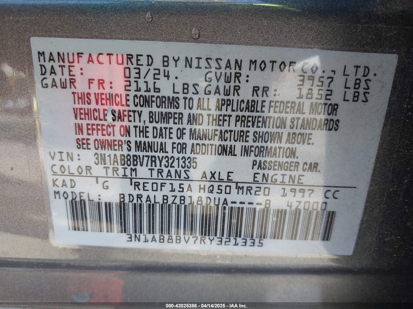 VIN 3N1AB8BV7RY321335 2024 NISSAN SENTRA S XTRONIC CVT