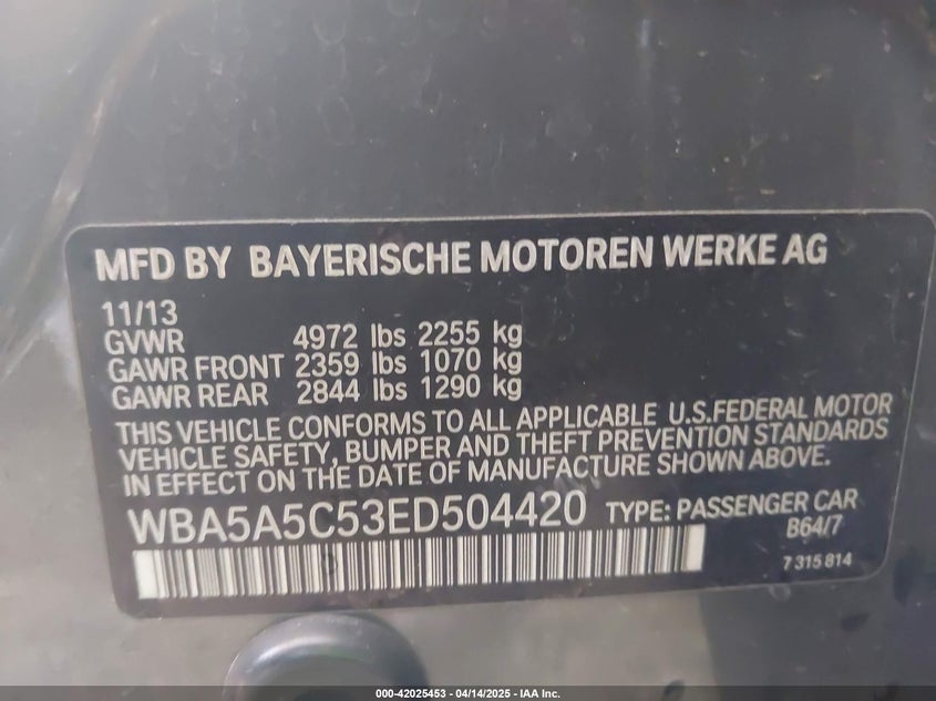 2014 BMW 528 VIN: WBA5A5C53ED504420