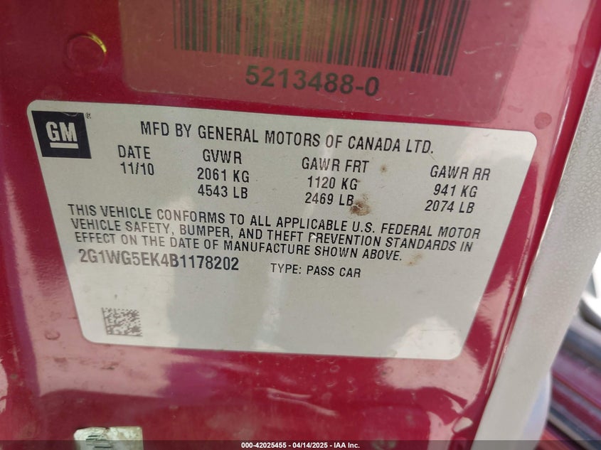 2011 CHEVROLET IMPALA VIN: 2G1WG5EK4B1178202