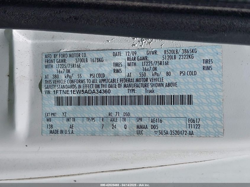 2010 Ford E-150 Commercial/Recreational VIN: 1FTNE1EW5ADA34360 Lot: 42025468