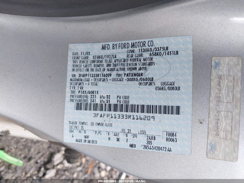 2003 Ford Zx2 VIN: 3FAFP11333R116209 Lot: 42025563