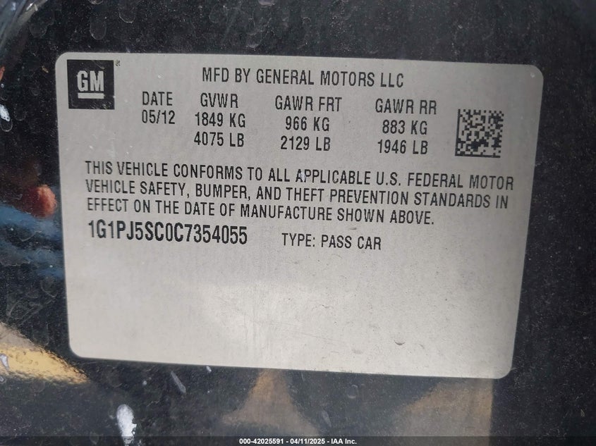 2012 CHEVROLET CRUZE VIN: 1G1PJ5SC0C7354055