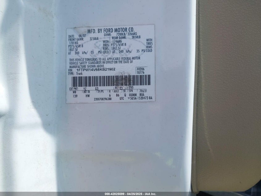 2008 FORD F150 VIN: 1FTPW14V68KB21902