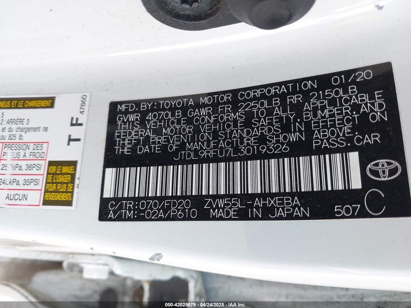 2020 TOYOTA PRIUS VIN: JTDL9RFU7L3019326
