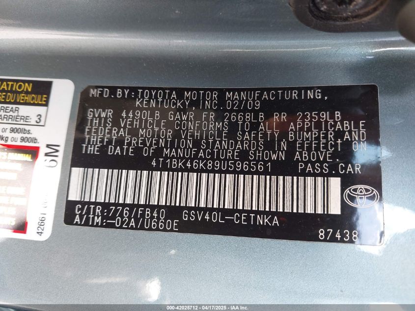 2009 Toyota Camry Le V6 VIN: 4T1BK46K89U596561 Lot: 42025712