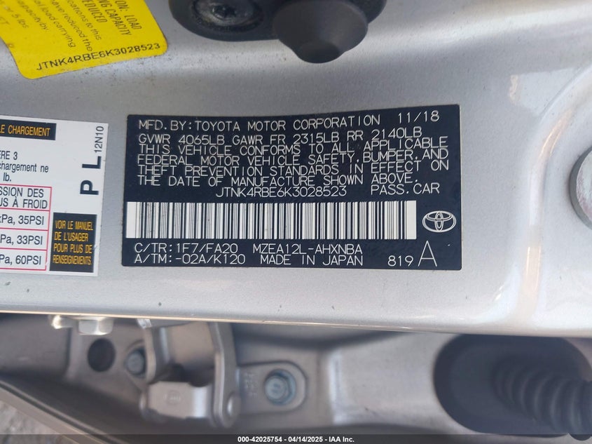 2019 TOYOTA COROLLA VIN: JTNK4RBE6K3028523