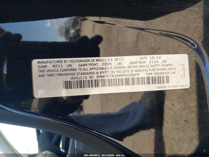2011 Volkswagen Jetta Se VIN: 3VWDX7AJ6BM322829 Lot: 42025812