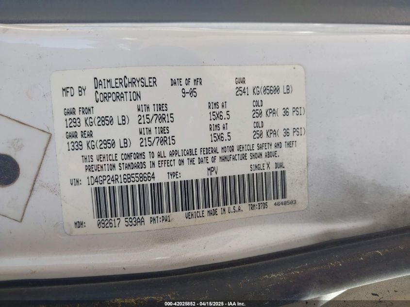 2006 Dodge Grand Caravan Se VIN: 1D4GP24R16B558664 Lot: 42025852
