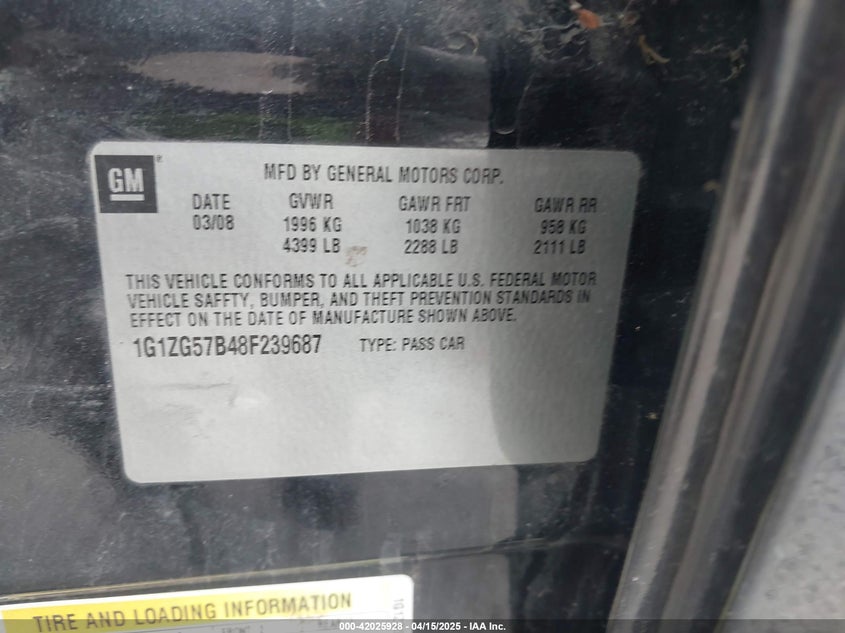 2008 CHEVROLET MALIBU VIN: 1G1ZG57B48F239687