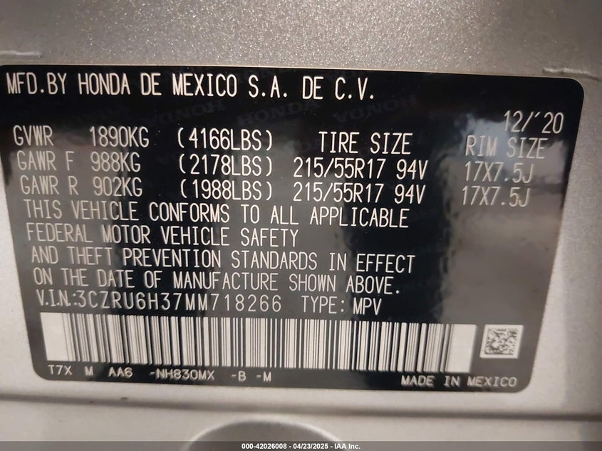 VIN 3CZRU6H37MM718266 2021 HONDA HR-V AWD LX