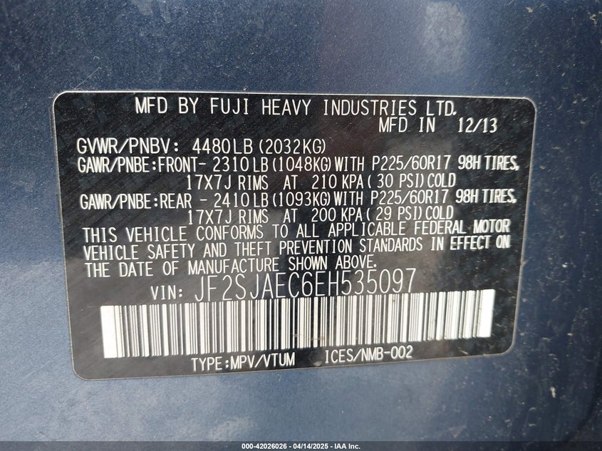 2014 SUBARU FORESTER 2.5I PREMIUM - JF2SJAEC6EH535097