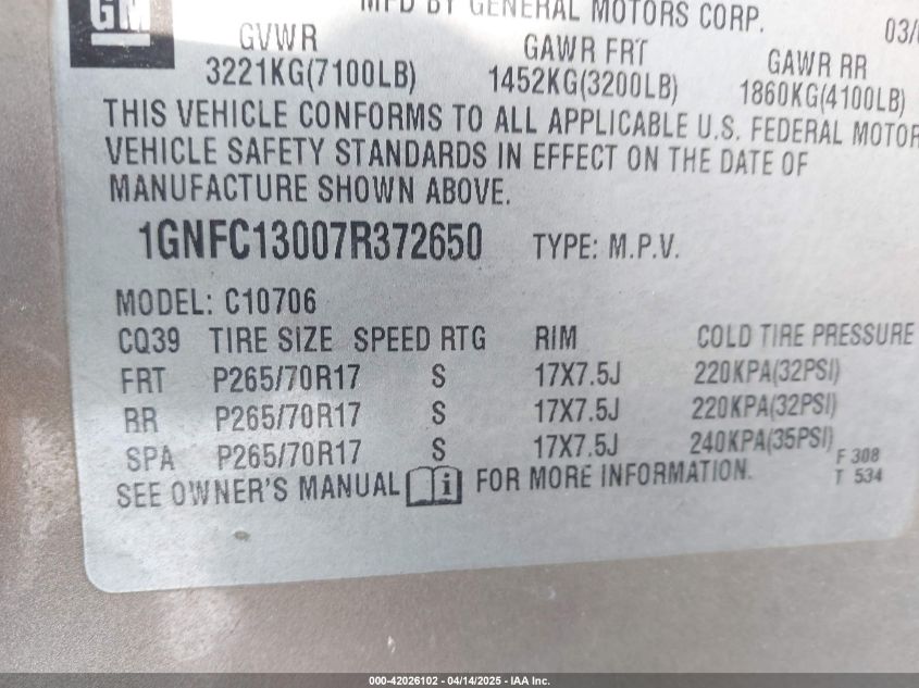 2007 Chevrolet Tahoe Lt VIN: 1GNFC13007R372650 Lot: 42026102