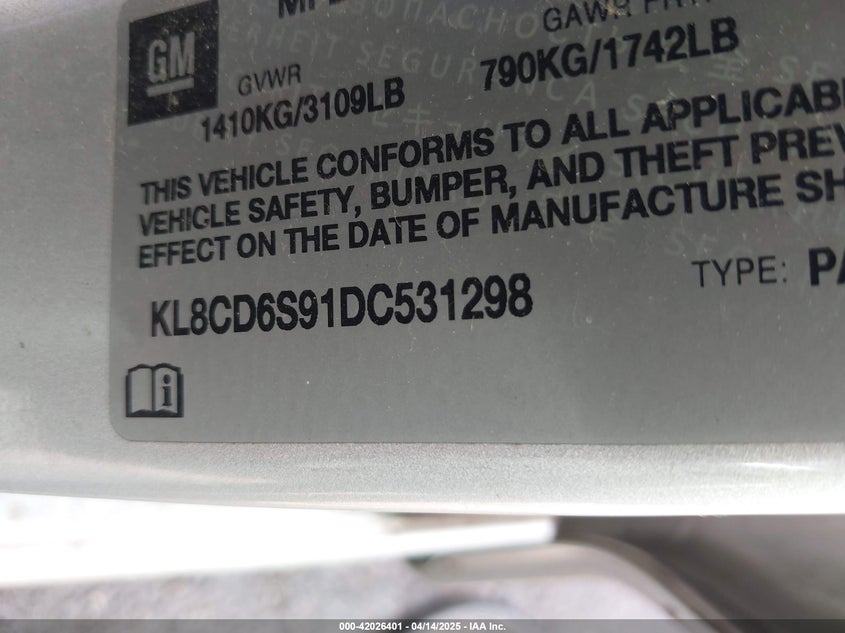 2013 CHEVROLET SPARK VIN: KL8CD6S91DC531298