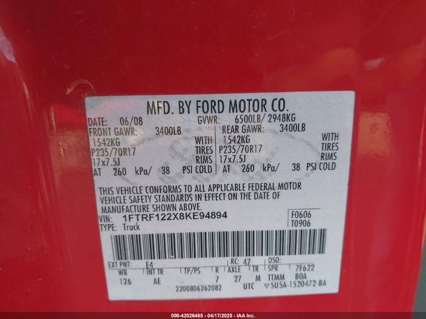 2008 Ford F-150 Stx/Xl/Xlt VIN: 1FTRF122X8KE94894 Lot: 42026485