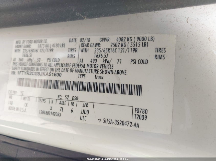 VIN 1FTYR2CG9JKA51600 2018 FORD TRANSIT-250