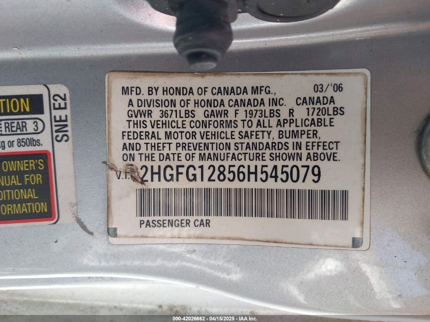 2006 Honda Civic Ex VIN: 2HGFG128568545079 Lot: 42026662