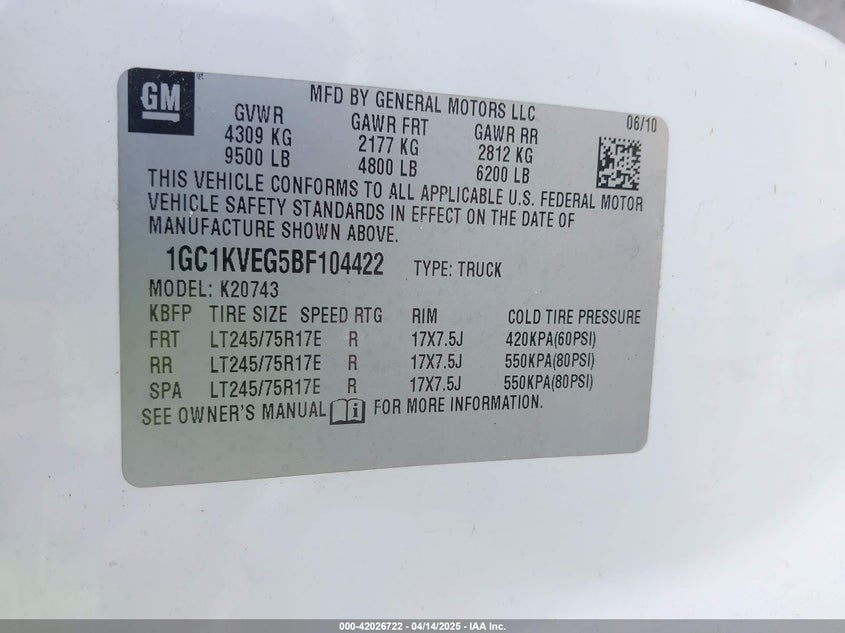 2011 CHEVROLET SILVERADO 2500HD VIN: 1GC1KVEG5BF104422
