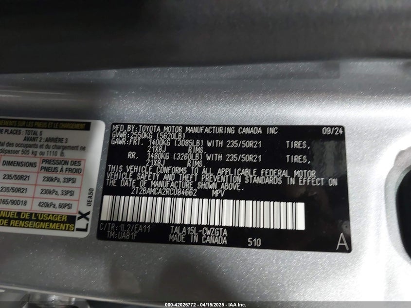 VIN 2T2BAMCA2RC084662 2024 LEXUS RX 350 PREMIUM