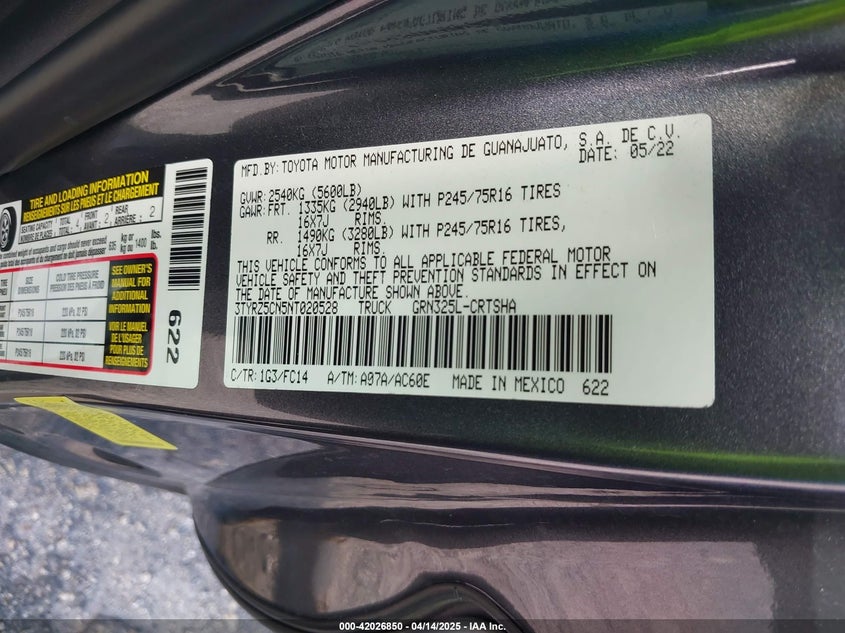 2022 TOYOTA TACOMA VIN: 3TYRZ5CN5NT020528