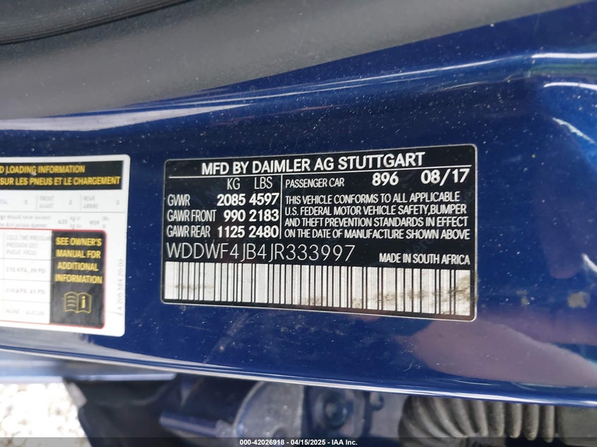 2018 MERCEDES-BENZ C 300 VIN: WDDWF4JB4JR333997