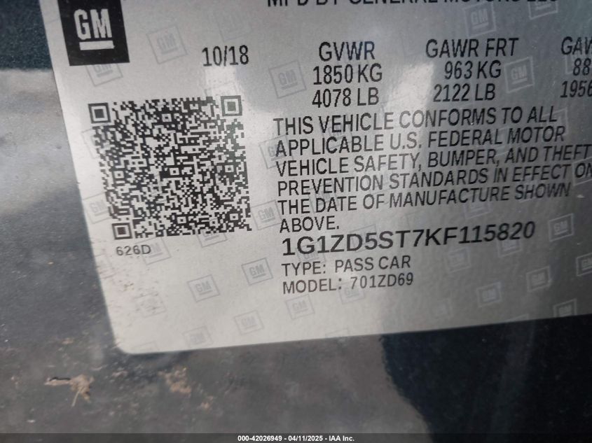 2019 CHEVROLET MALIBU LT - 1G1ZD5ST7KF115820