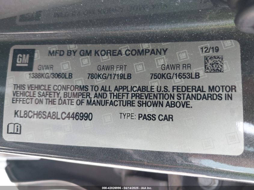 2020 Chevrolet Spark Fwd Activ Automatic VIN: KL8CH6SA8LC446990 Lot: 42026996