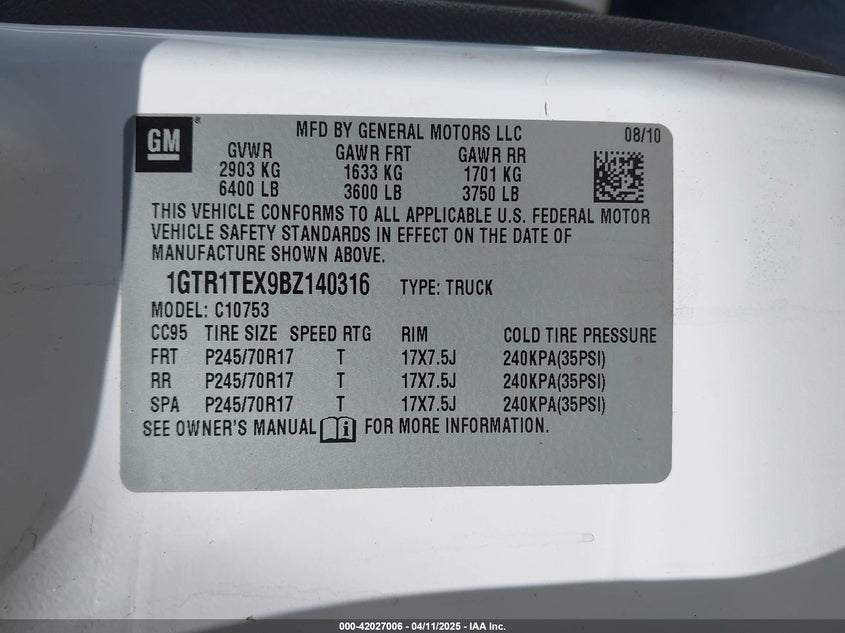 2011 GMC SIERRA 1500 VIN: 1GTR1TEX9BZ140316