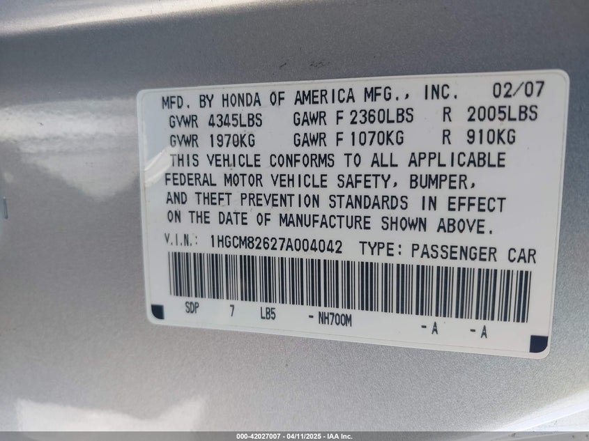 2007 HONDA ACCORD VIN: 1HGCM82627A004042