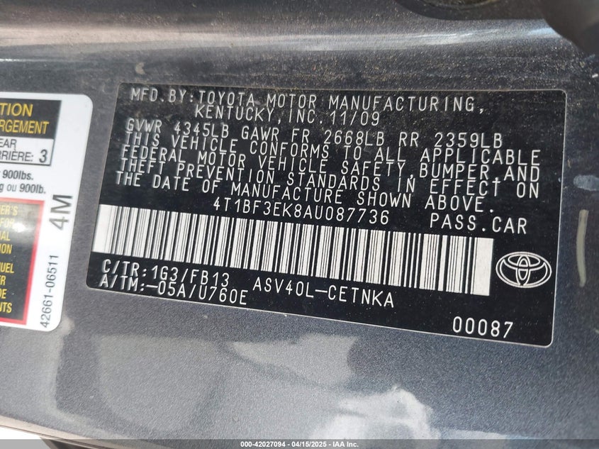 2010 TOYOTA CAMRY VIN: 4T1BF3EK8AU087736