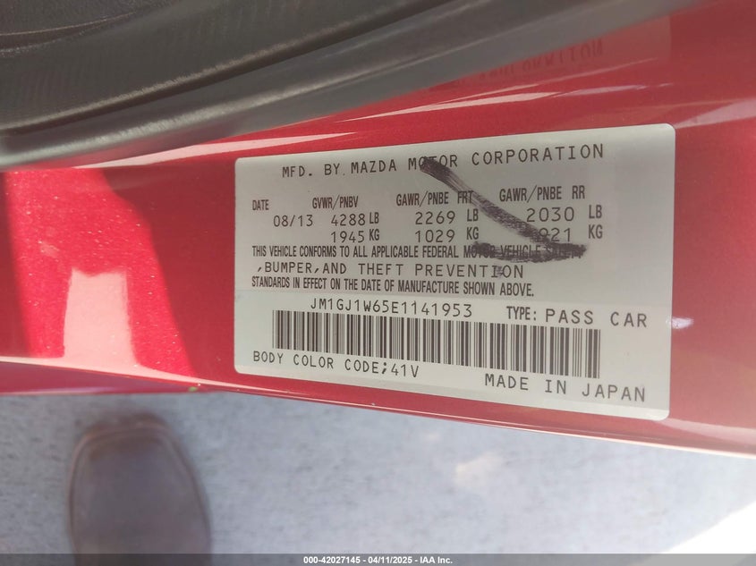 2014 MAZDA MAZDA6 VIN: JM1GJ1W65E1141953