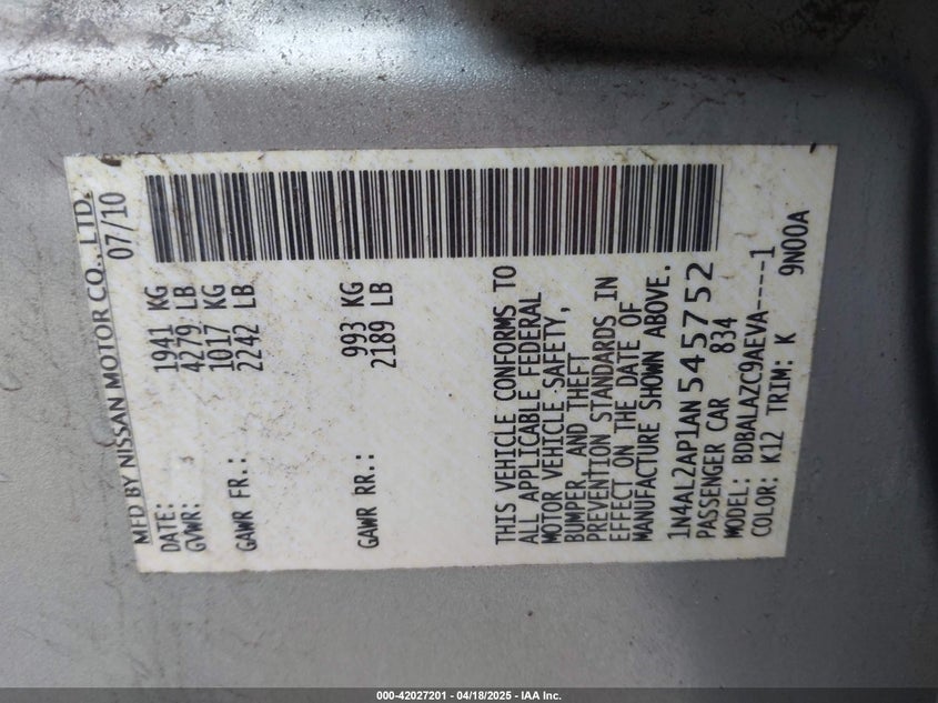 2010 Nissan Altima 2.5 VIN: 1N4AL2AP1AN545752 Lot: 42027201