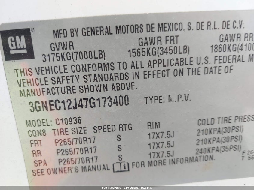 2007 CHEVROLET AVALANCHE VIN: 3GNEC12J47G173400