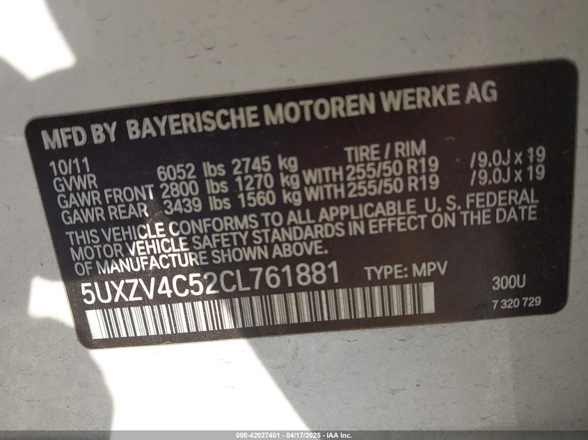 2012 BMW X5 VIN: 5UXZV4C52CL761881