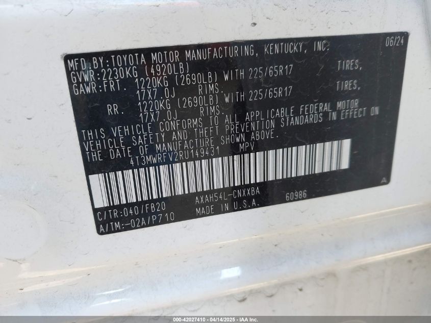 2024 Toyota Rav4 Hybrid Le VIN: 4T3MWRFV2RU149431 Lot: 42027410