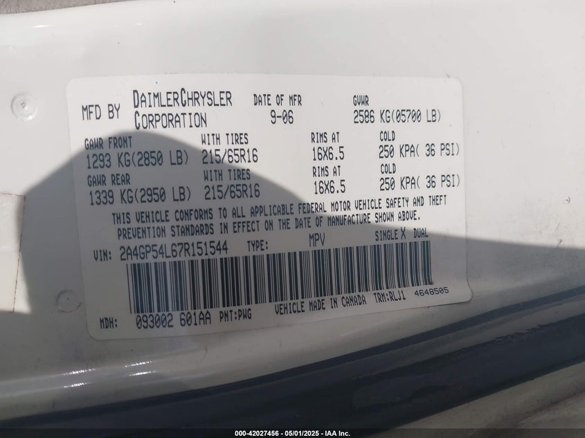 2007 CHRYSLER TOWN & COUNTRY VIN: 2A4GP54L67R151544