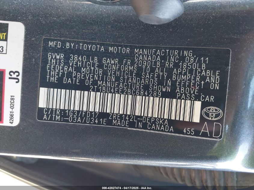 2011 Toyota Corolla S VIN: 2T1BU4EE2BC684289 Lot: 42027474