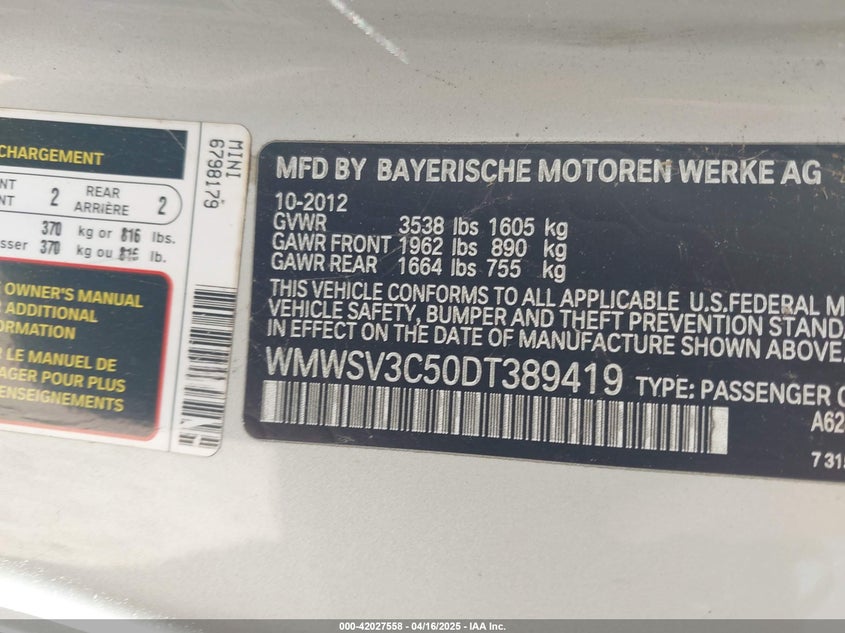 2013 MINI HARDTOP VIN: WMWSV3C50DT389419