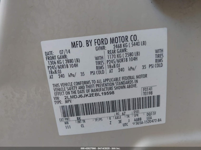 2014 LINCOLN MKX - 2LMDJ6JK2EBL19598