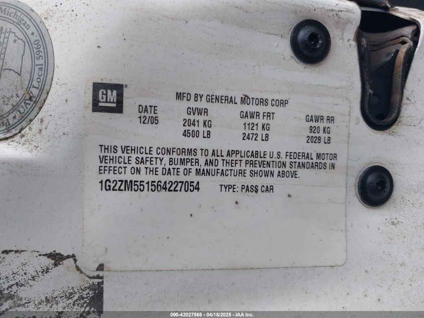 2006 Pontiac G6 Gtp VIN: 1G2ZM551564227054 Lot: 42027568