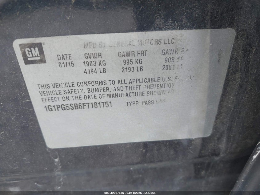 2015 CHEVROLET CRUZE VIN: 1G1PG5SB6F7181751