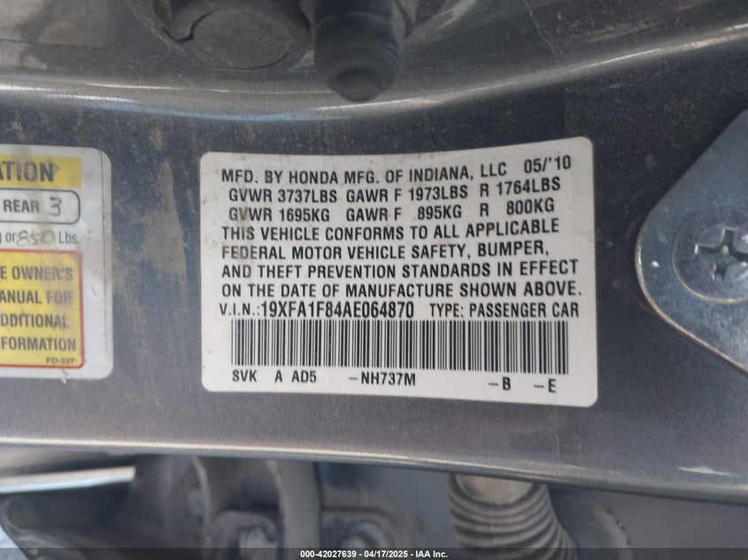 2010 HONDA CIVIC VIN: 19XFA1F84AE064870