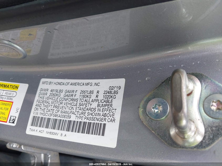 2019 HONDA ACCORD VIN: 1HGCV3F54KA008359