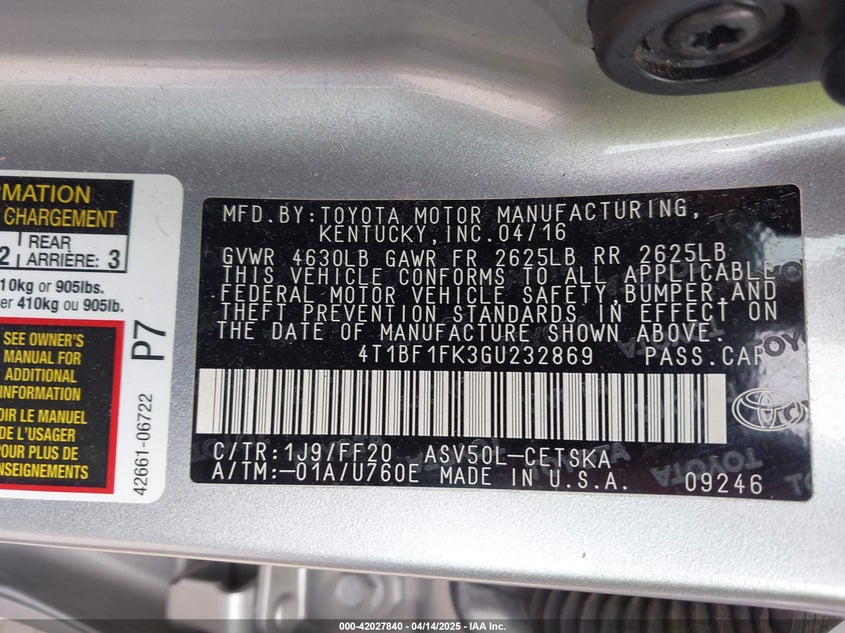 2016 TOYOTA CAMRY VIN: 4T1BF1FK3GU232869