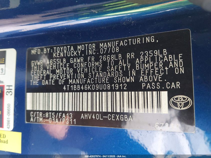 2009 Toyota Camry Hybrid VIN: 4T1BB46K09U081912 Lot: 42027874